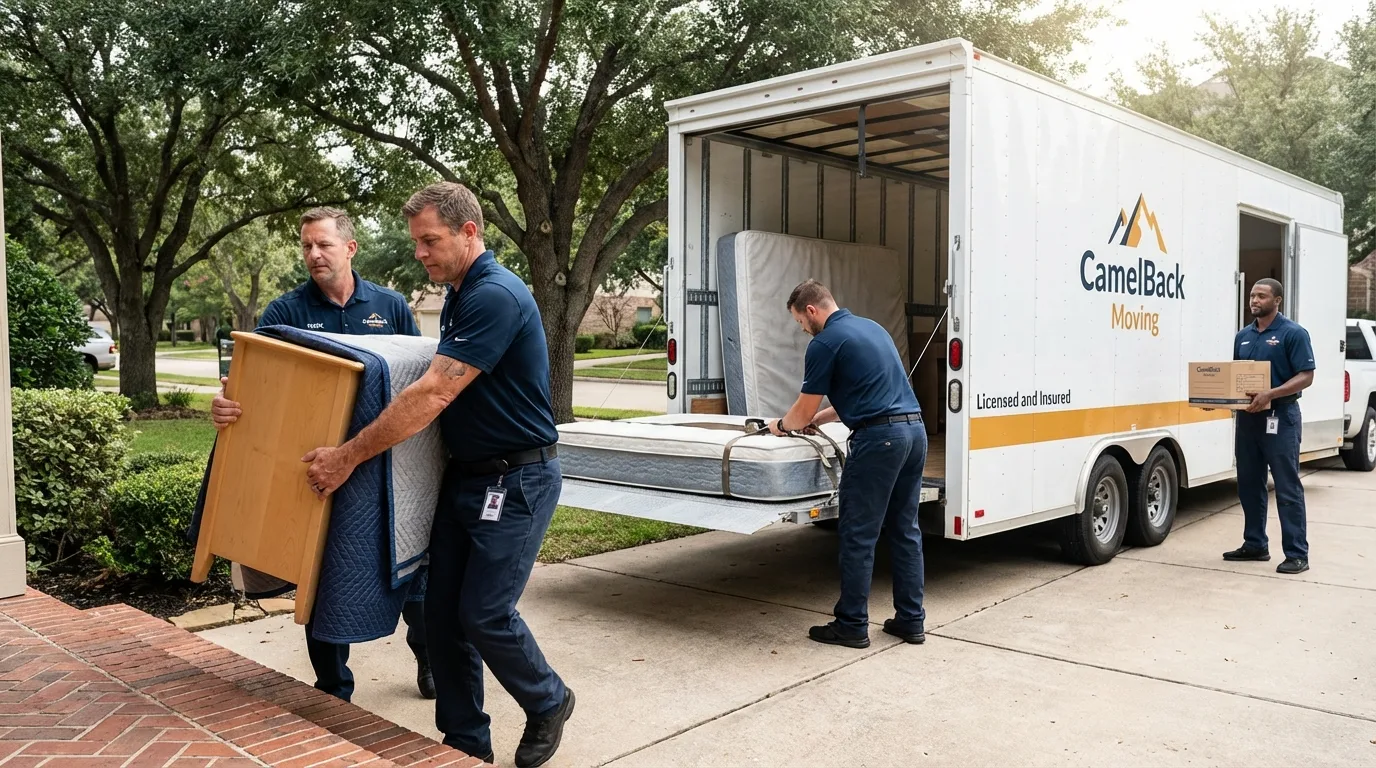 Crew loading residential truck for cross-state move from Morrisonville, NY