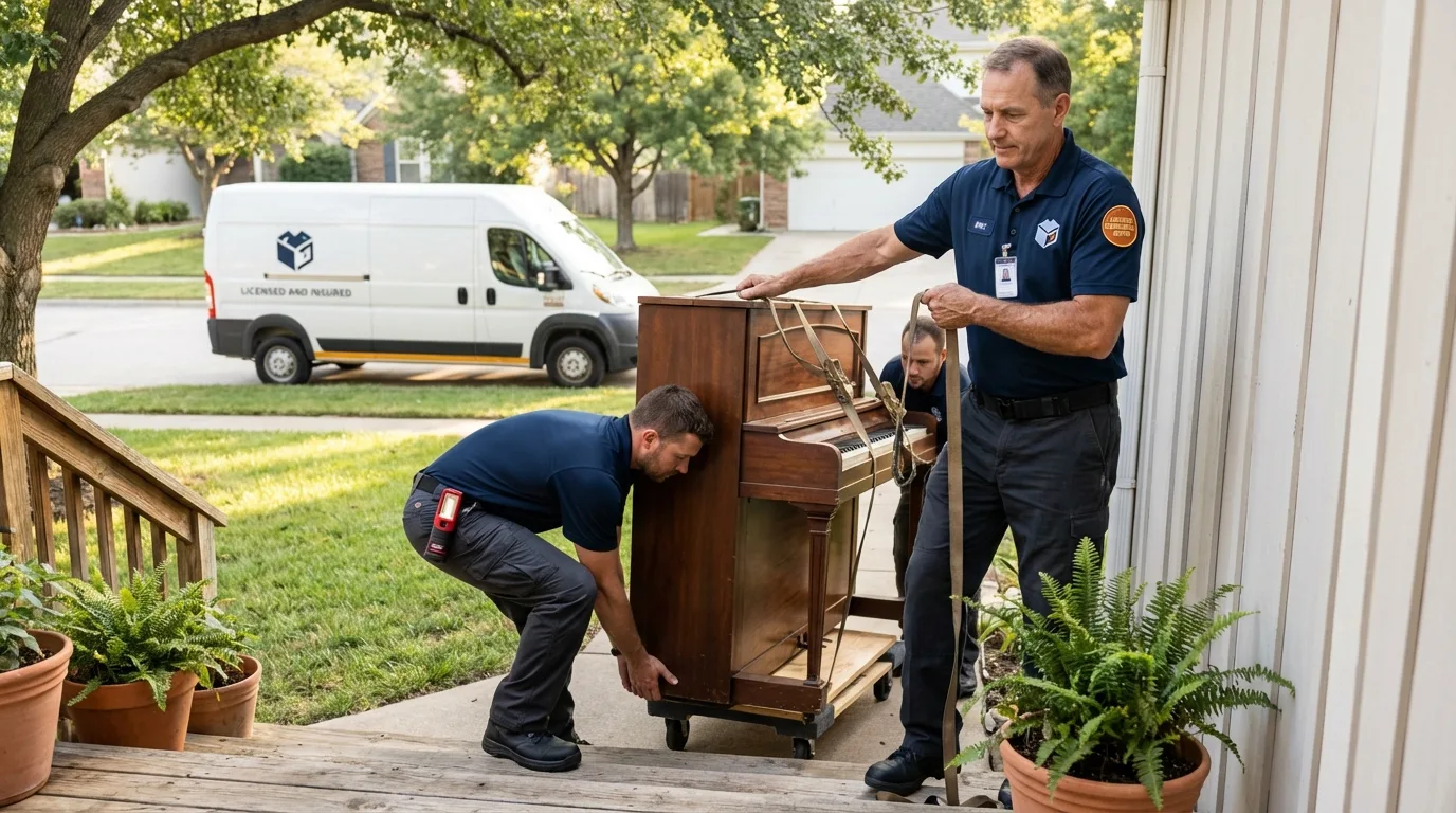 Licensed piano movers securing grand piano in Morrisonville, NY