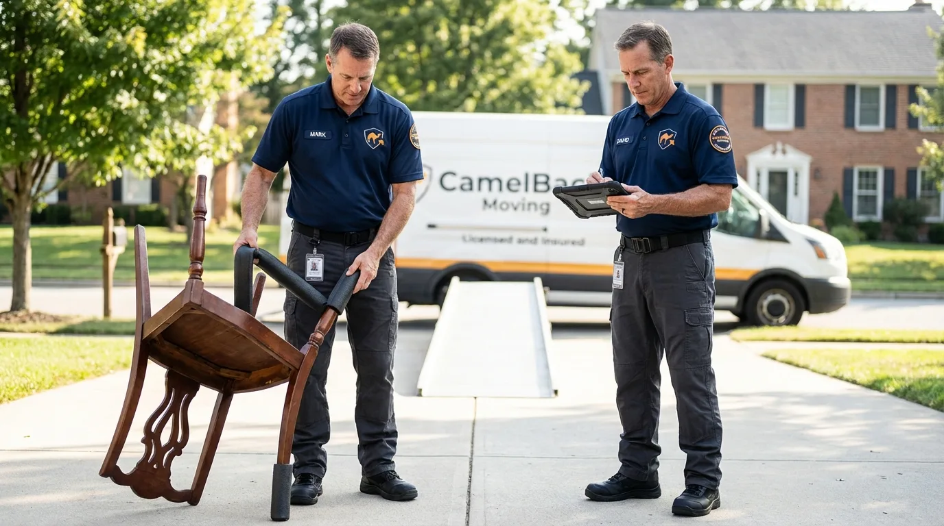 Movers inspecting furniture for damage prevention before loading in Morrisonville, NY