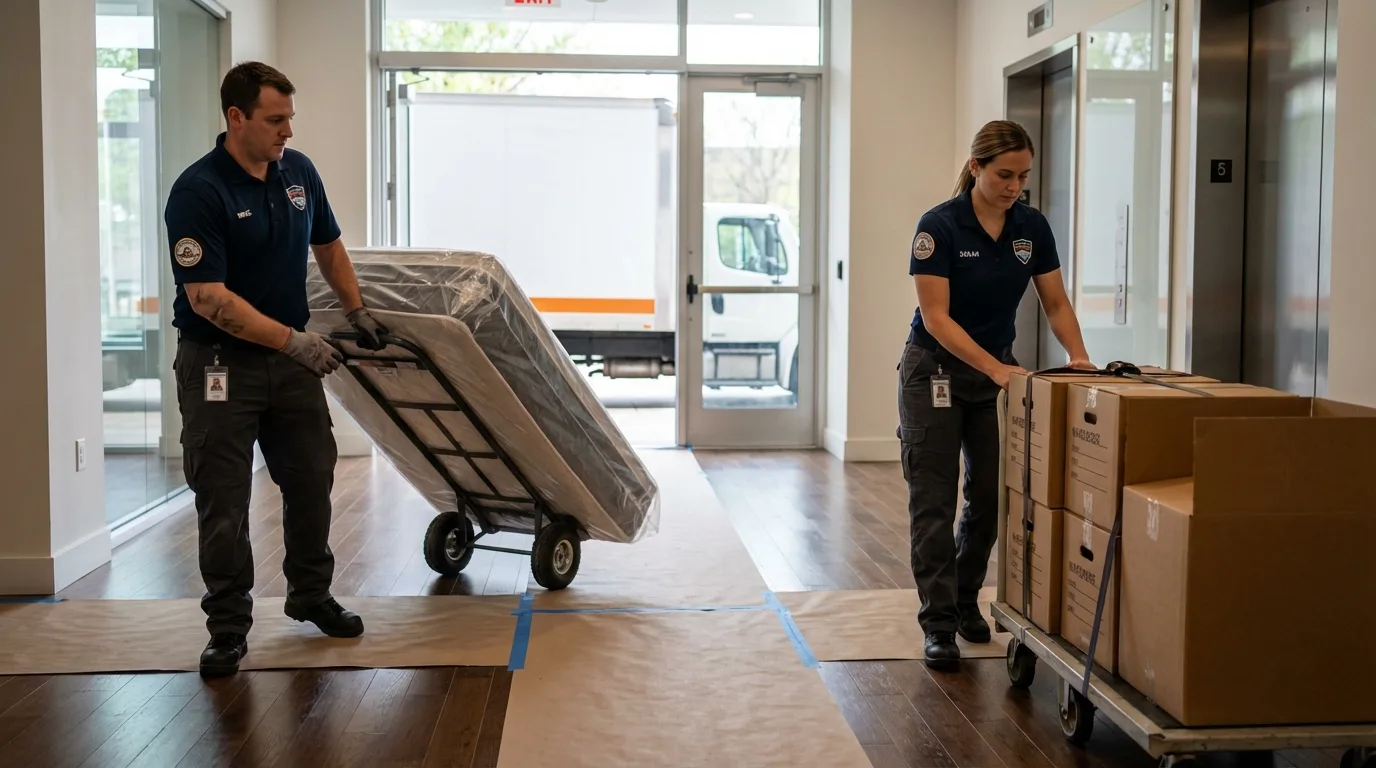 Professional apartment movers loading elevator in Morrisonville, NY