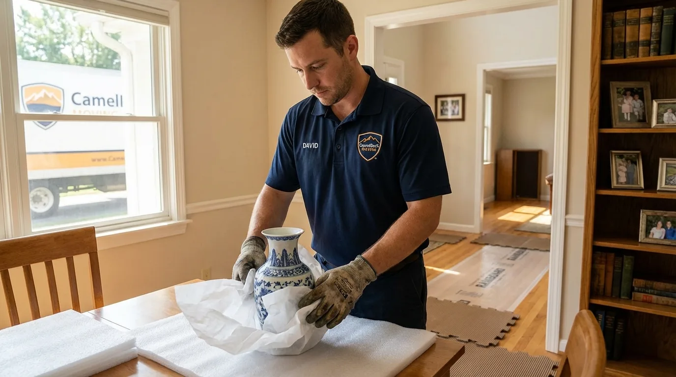 Professional crew carefully wrapping antique vase for senior downsizing move in Morrisonville, NY